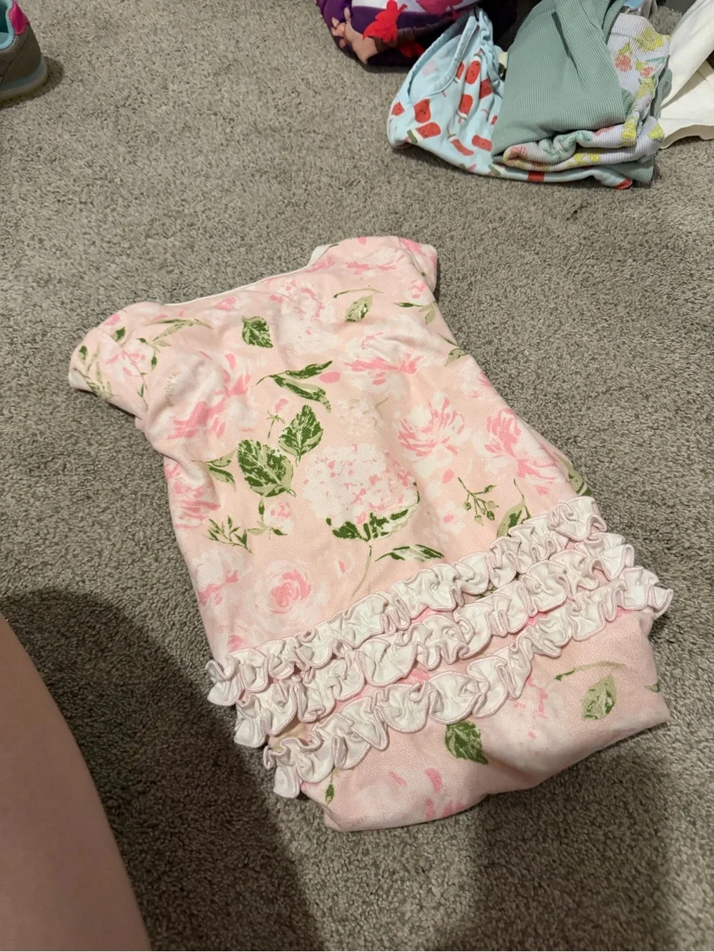 SweetHoney Pink Floral Ruffle Sleep Sack with Green Leaf Accents